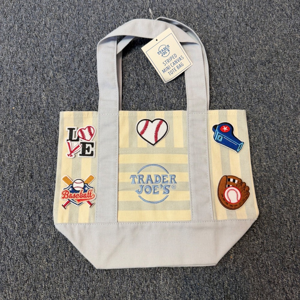 Trader Joes Striped Mini Canvas Tote Bag Blue Baseball Patches Limited Edition